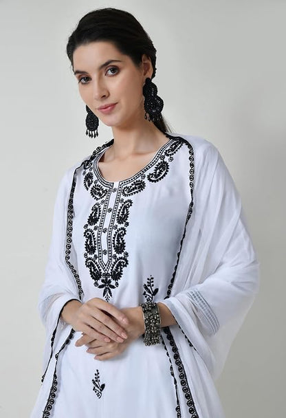LIBOZA Chikankari Kurta Set for Women, Royon Cotton Straight Design Salwar Suit for Wedding, Diwali & Festival Kurti Pant With Dupatta, Suits Sets for Girls (IN, Alpha, 2XL, WHITE)