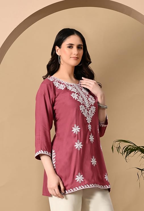 LIBOZA Women's Chikankari Embroidered Short Kurti, Rayon Fabric, Three-Quarter Sleeves, Available in Pink, Black, Mustard Yellow, White, Pista and Green