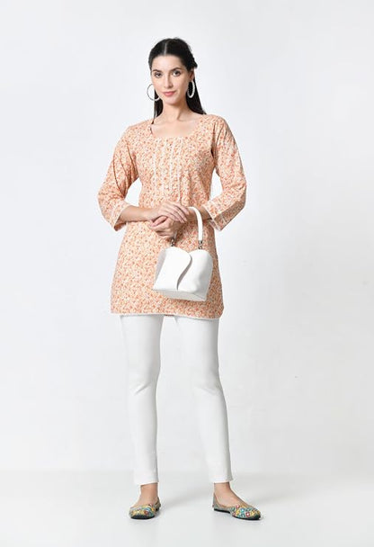LIBOZA Short Kurti for Women for Jeans, Pure Cotton Kurtis for Ladies, Jaipuri Round Neck Women's Tunic Design Kurta, Fancy Top Floral Kurtas & Tunics for Woman