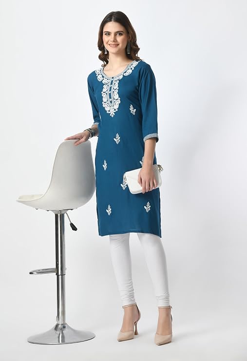 LIBOZA Kurta for Women – Embroidered Ladies Kurti, Stylish Girls Top, Ethnic Full Kurtas, Straight Design Kurtis for Woman Petrol Blue