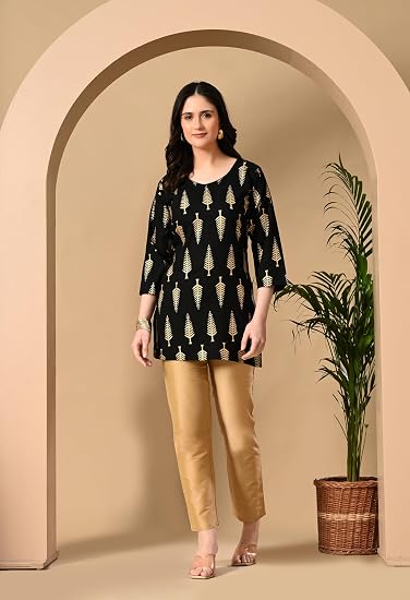 Gold printed Short Kurti for Women-Black
