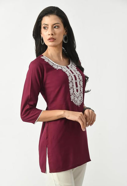 LIBOZA Short Kurta for Women – Lakhnowi Chikankari Embroidered Ladies Kurti, Ethnic Half Kurtas, Stylish Girls Top, Tunic Design Woman Kurtis Purple