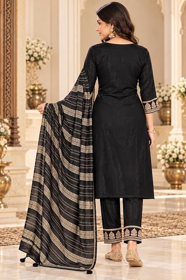 LIBOZA Women Kurta Pant Set with Dupatta Roman Glass Fabric-Black