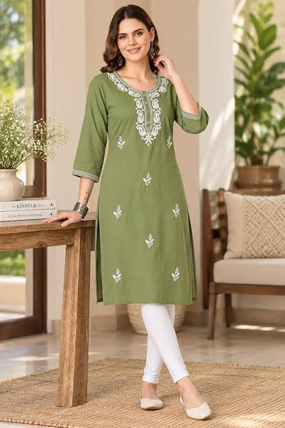 LIBOZA Kurta for Women – Lakhnowi Chikankari Embroidered Ladies Kurti, Stylish Girls Top, Ethnic Full Kurtas, Straight Design Kurtis for Woman
