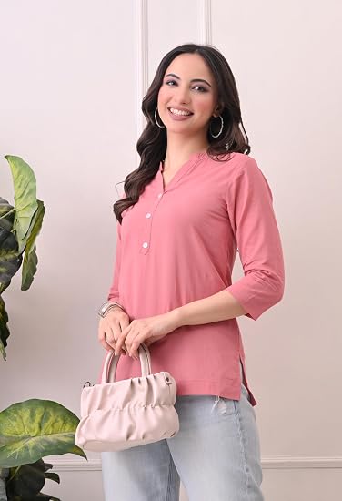 Women Cotton Short Kurta V-Neck with Button-Pink