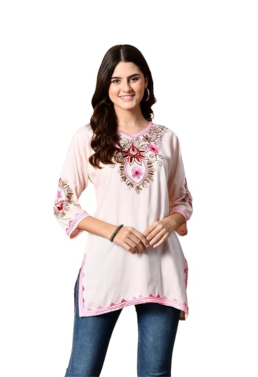 LIBOZA Embroidered Kashmiri Tunic Top, Short Kurti for Women on Jeans, V-Neck, 3/4 Sleeve, Floral Design,