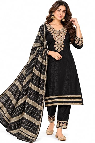 LIBOZA Women Kurta Pant Set with Dupatta Roman Glass Fabric-Black