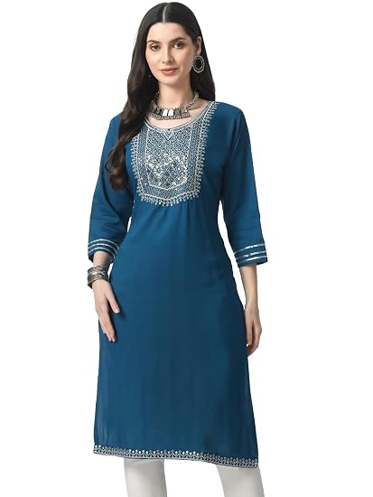 Embroidered Straight Design Kurtis for Woman-Petrol Blue