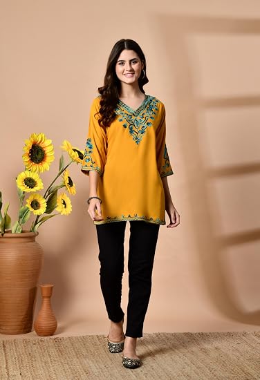 Embroidered Kashmiri Short Kurti -Mustard