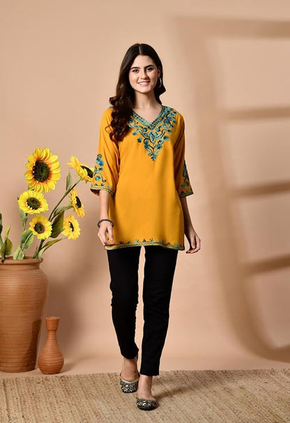 LIBOZA Embroidered Kashmiri Tunic Top, Short Kurti for Women on Jeans, V-Neck, 3/4 Sleeve, Floral Design,