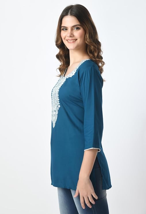 LIBOZA Short Kurti for Women – Lakhnowi Chikankari Embroidered Ladies Kurta, Stylish Girls Top, Ethnic Half Kurtas, Tunic Design Woman Kurtis Petrol Blue