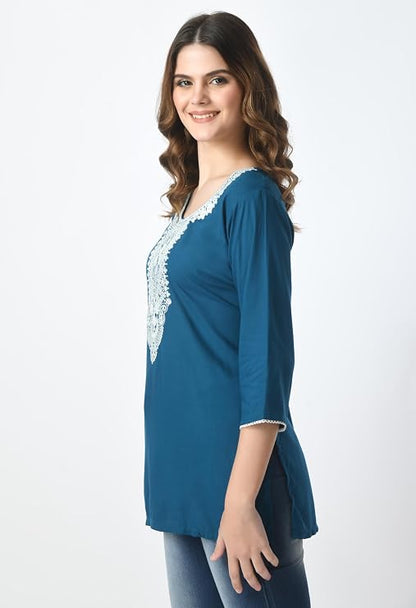 LIBOZA Short Kurti for Women – Lakhnowi Chikankari Embroidered Ladies Kurta, Stylish Girls Top, Ethnic Half Kurtas, Tunic Design Woman Kurtis Petrol Blue