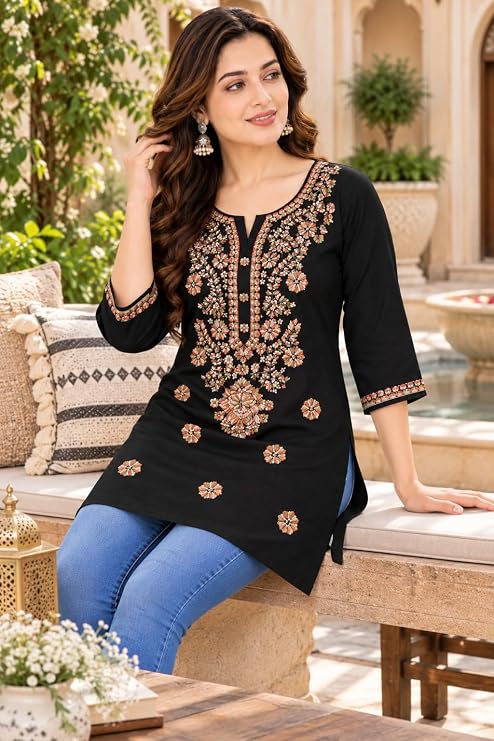 LIBOZA Kurti for Women - Short Chikankari Kurtis for Girls, Lakhnawi Black