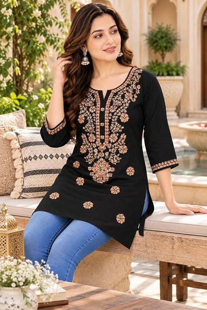 LIBOZA Kurti for Women - Short Chikankari Kurtis for Girls, Lakhnawi Black