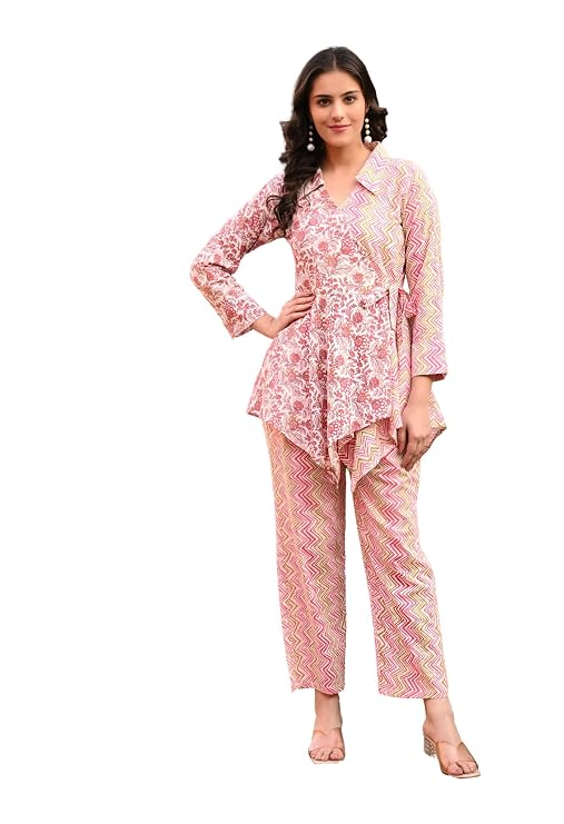 LIBOZA Women's Floral Print Cotton Angrakha Kurta with Pant Set – Stylish Ethnic Wear for All Occasions, Comfortable & Trendy Design