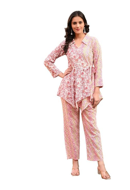 LIBOZA Women's Floral Print Cotton Angrakha Kurta with Pant Set – Stylish Ethnic Wear for All Occasions, Comfortable & Trendy Design