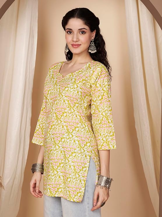 LIBOZA Short Kurti for Women Latest | Cotton Short Kurta | Women's Floral Printed Rayon Short Kurta | Comfortable, Office & Casual Kurta for Jeans, Leggings & Trousers