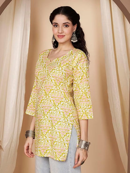 LIBOZA Short Kurti for Women Latest | Cotton Short Kurta | Women's Floral Printed Rayon Short Kurta | Comfortable, Office & Casual Kurta for Jeans, Leggings & Trousers