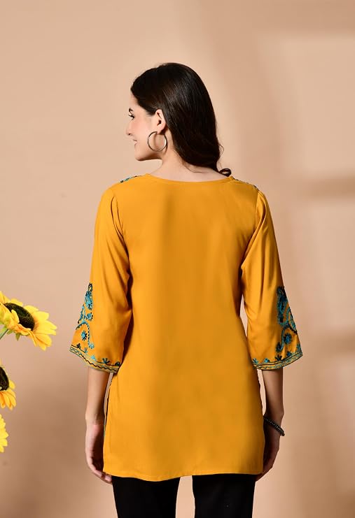 LIBOZA Embroidered Kashmiri Tunic Top, Short Kurti for Women on Jeans, V-Neck, 3/4 Sleeve, Floral Design,