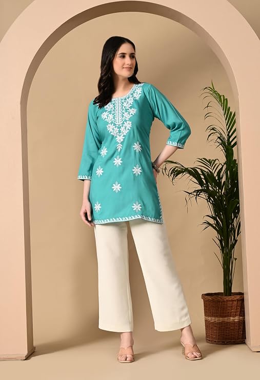 Women's Chikankari Embroidered Short Kurti, Rayon Fabric, Three-Quarter Sleeves, Available in Pink, Black, Mustard Yellow, White, Pista and Green