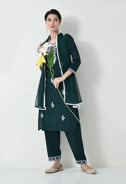 LIBOZA Chikankari Kurta Set for Women, Royon Cotton Straight Design Salwar Suit for Wedding, Diwali & Festival Kurti Pant With Dupatta, Suits Sets for Girls (IN, Alpha, 2XL, GREEN)