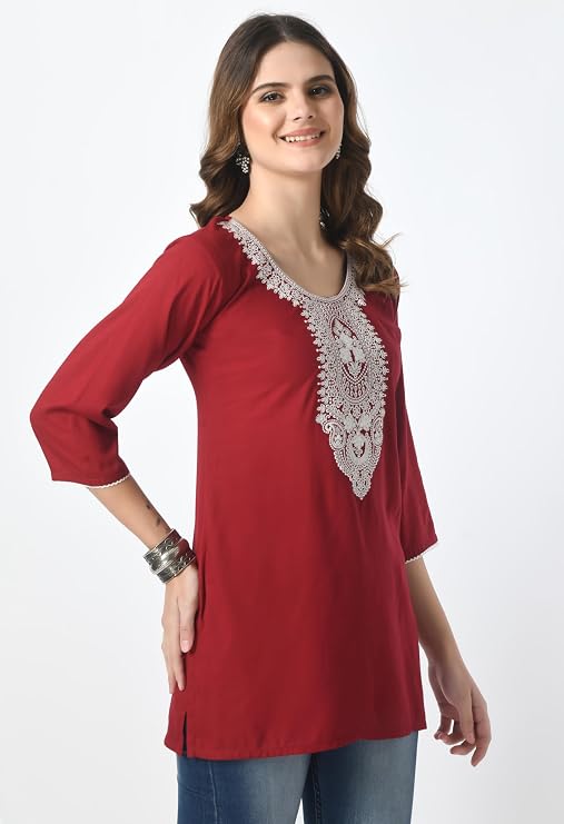 LIBOZA Women Short Regular Fit Kurti Lakhnowi Chikankari Embroidered Ladies Rayon Kurta, Stylish Top, Large,Red