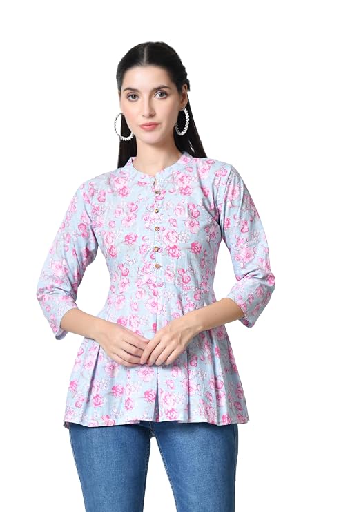 LIBOZA Women's Cotton Floral Print Box Pleated Kurti, Pink