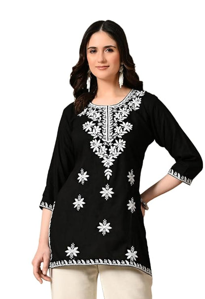LIBOZA Women's Chikankari Embroidered Short Kurti, Rayon Fabric, Three-Quarter Sleeves, Available in Pink, Black, Mustard Yellow, White, Pista and Green