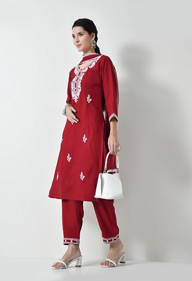 Chikankari Kurta Set for Women-Red