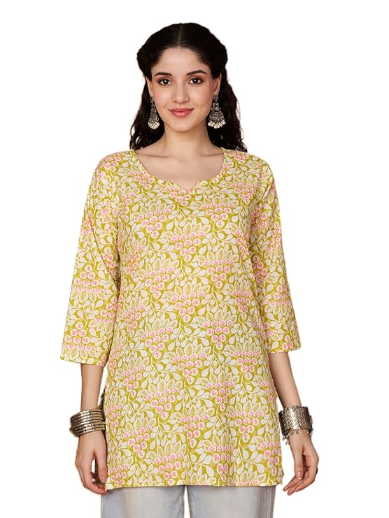 LIBOZA Short Kurti for Women Latest | Cotton Short Kurta | Women's Floral Printed Rayon Short Kurta | Comfortable, Office & Casual Kurta for Jeans, Leggings & Trousers