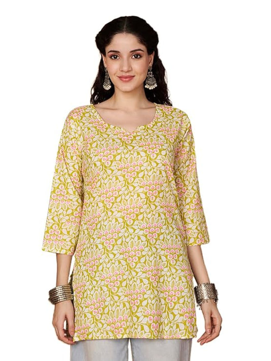 LIBOZA Short Kurti for Women Latest | Cotton Short Kurta | Women's Floral Printed Rayon Short Kurta | Comfortable, Office & Casual Kurta for Jeans, Leggings & Trousers