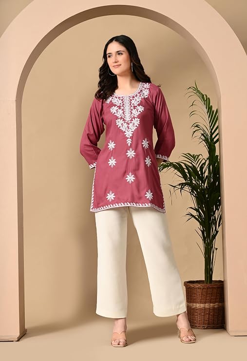 LIBOZA Women's Chikankari Embroidered Short Kurti, Rayon Fabric, Three-Quarter Sleeves, Available in Pink, Black, Mustard Yellow, White, Pista and Green