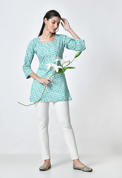 LIBOZA Short Kurti for Women for Jeans, Pure Cotton Kurtis for Ladies, Jaipuri Round Neck Women's Tunic Design Kurta, Fancy Top Floral Kurtas & Tunics for Woman