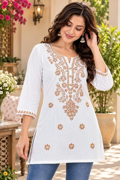 LIBOZA Kurti for Women - Short Chikankari Kurtis for Girls, Lakhnawi White