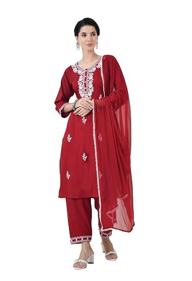 Chikankari Kurta Set for Women-Red
