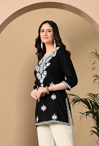 LIBOZA Women's Chikankari Embroidered Short Kurti, Rayon Fabric, Three-Quarter Sleeves, Available in Pink, Black, Mustard Yellow, White, Pista and Green
