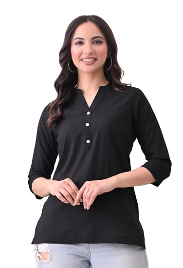 Women Cotton Short Kurta V-Neck with Button-Black
