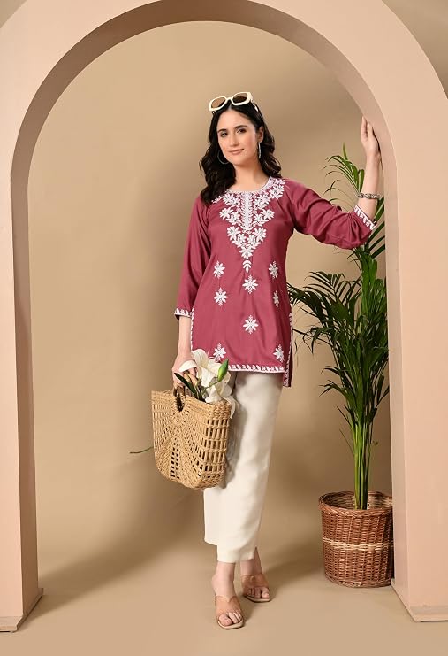 LIBOZA Women's Chikankari Embroidered Short Kurti, Rayon Fabric, Three-Quarter Sleeves, Available in Pink, Black, Mustard Yellow, White, Pista and Green