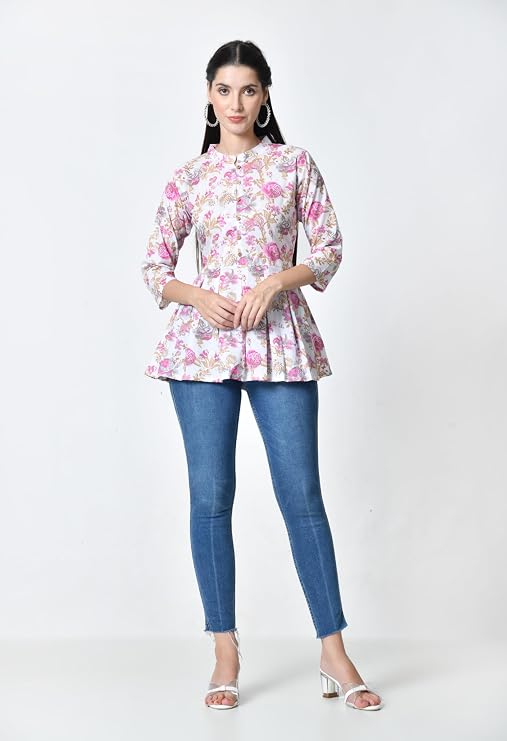 LIBOZA Women's Cotton Floral Print Box Pleated Kurti, Pink