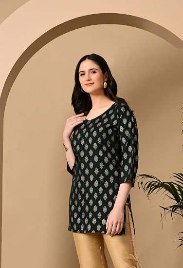 Rayon Cotton  Short Kurtis for Ladies-Green