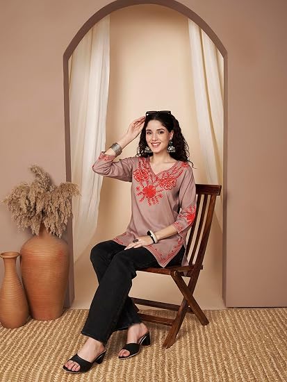 Embroidered Chikankari Kurti for Women - Chocolate 4