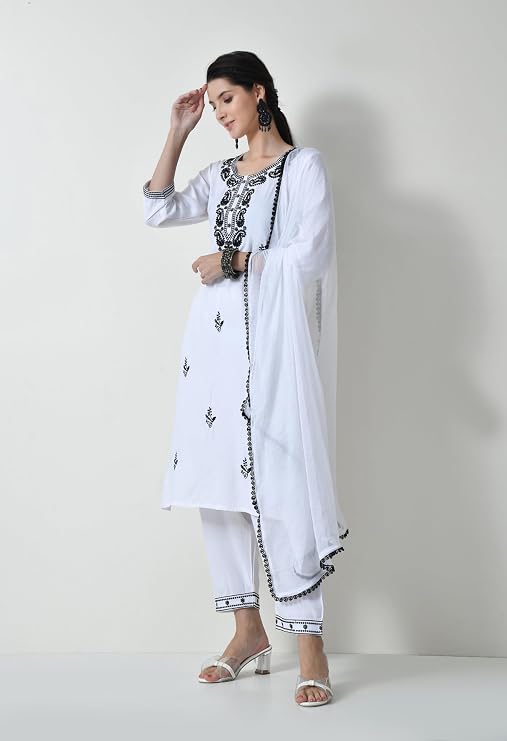 LIBOZA Chikankari Kurta Set for Women, Royon Cotton Straight Design Salwar Suit for Wedding, Diwali & Festival Kurti Pant With Dupatta, Suits Sets for Girls (IN, Alpha, 2XL, WHITE)