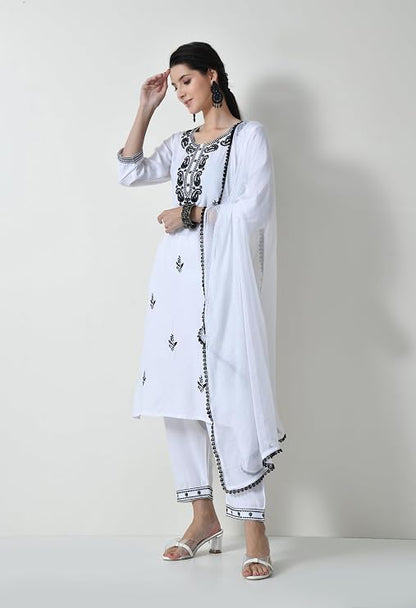LIBOZA Chikankari Kurta Set for Women, Royon Cotton Straight Design Salwar Suit for Wedding, Diwali & Festival Kurti Pant With Dupatta, Suits Sets for Girls (IN, Alpha, 2XL, WHITE)