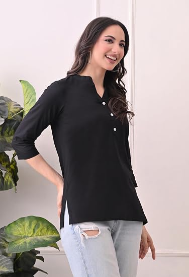 Women Cotton Short Kurta V-Neck with Button-Black