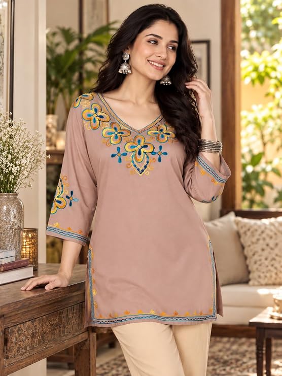 LIBOZA Embroidered Kashmiri Tunic Top, Short Kurti for Women on Jeans, V-Neck, 3/4 Sleeve, Floral Design,