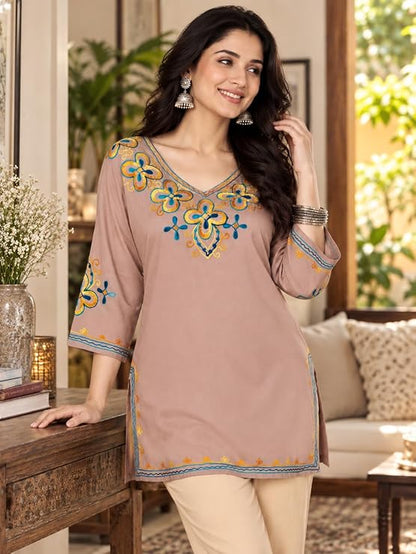 LIBOZA Embroidered Kashmiri Tunic Top, Short Kurti for Women on Jeans, V-Neck, 3/4 Sleeve, Floral Design,