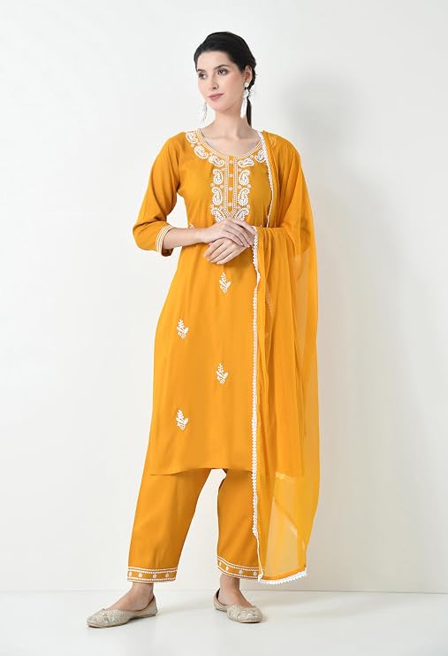 LIBOZA Chikankari Kurta Set for Women, Royon Cotton Straight Design Salwar Suit for Wedding, Diwali & Festival Kurti Pant With Dupatta, Suits Sets for Girls (IN, Alpha, 2XL, YELLOW)