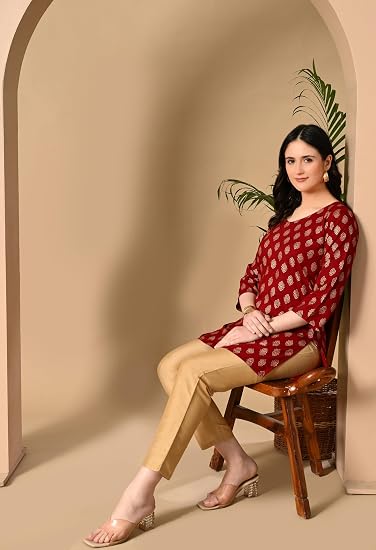 Rayon Cotton  Short Kurtis for Ladies-Red