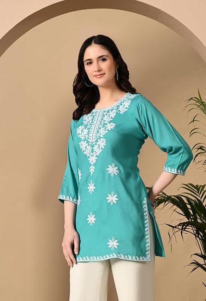 Women's Chikankari Embroidered Short Kurti, Rayon Fabric, Three-Quarter Sleeves, Available in Pink, Black, Mustard Yellow, White, Pista and Green