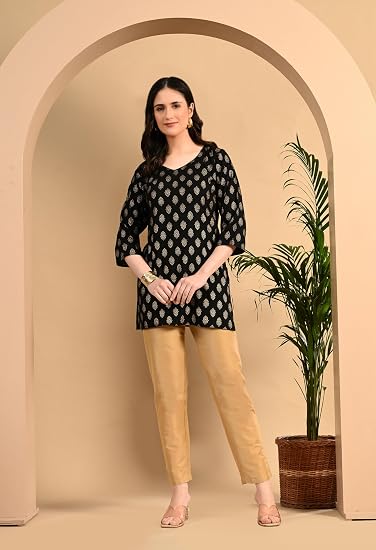 Rayon Cotton  Short Kurtis for Ladies-Black